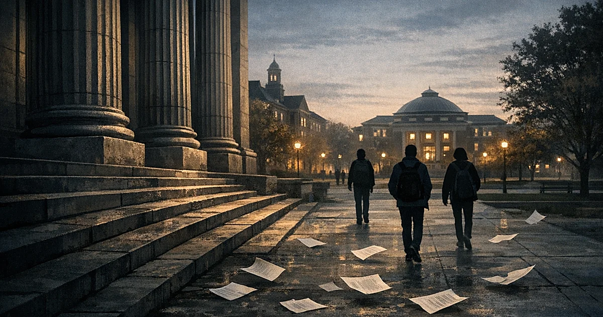 Courthouse building casts shadows over university campus as student silhouettes walk away carrying backpacks
