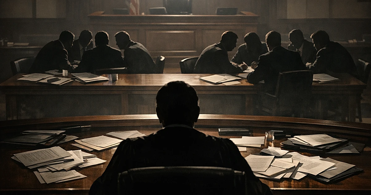Courtroom scene showing attorneys seated on same side rather than opposing sides, viewed from behind judge's silhouette