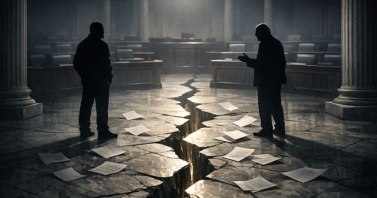 Two silhouetted figures separated by a cracked floor in a government chamber, symbolizing political division