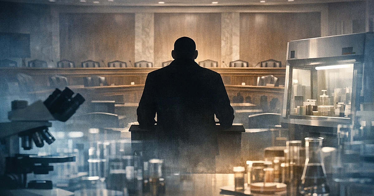 Silhouetted figure at podium in hearing room with laboratory equipment overlay creating double-exposure effect