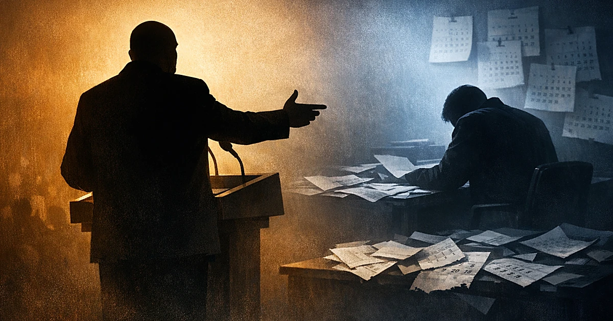 Two silhouetted figures: one at podium gesturing forward, another hunched over desk looking at old papers