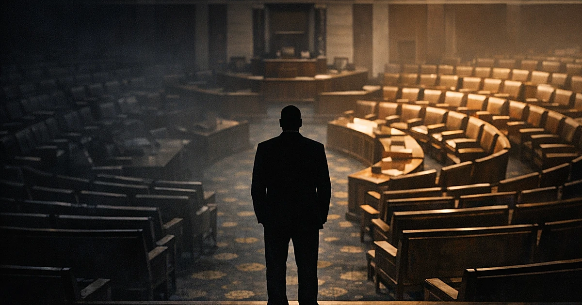 Silhouetted figure standing alone in divided legislative chamber with contrasting light and shadow