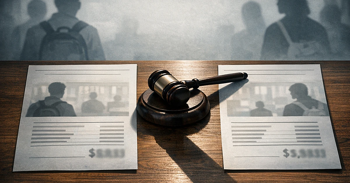 Two contrasting tuition bills on desk with gavel between them representing court ruling on in-state tuition rates