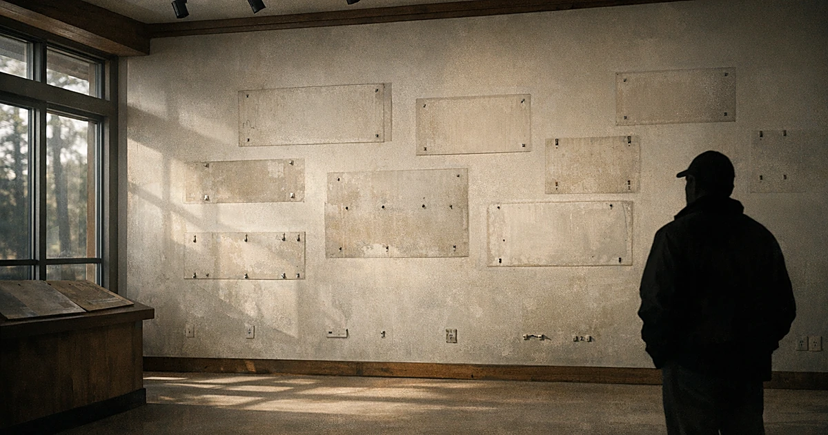 Empty exhibition wall with mounting hardware and faded outlines where removed displays once hung in park visitor center
