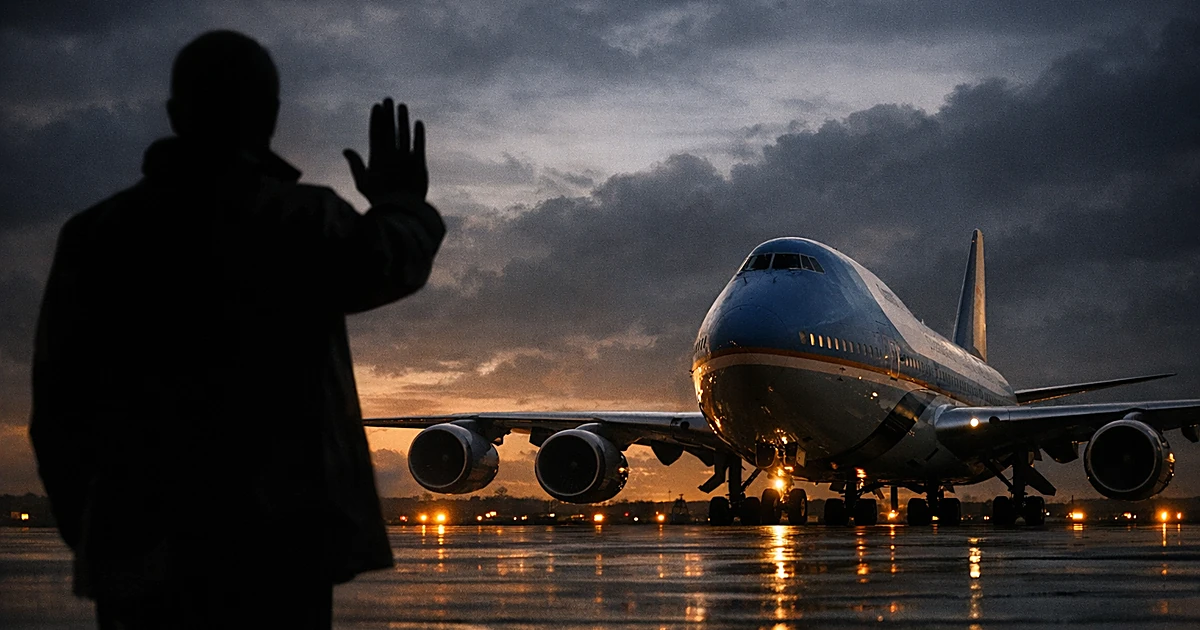 Silhouetted figure with raised hand blocking view of large presidential aircraft on tarmac at dusk