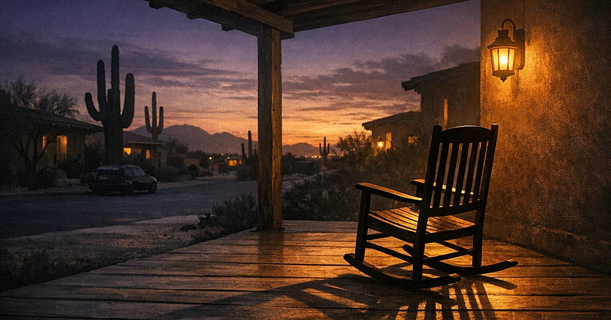 Empty rocking chair on desert home porch at dusk with saguaro cacti silhouettes in background