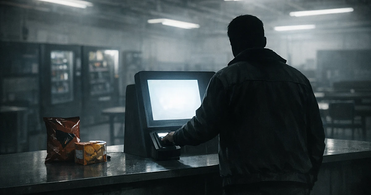 Worker from behind at self-checkout kiosk with snacks in industrial break room under fluorescent lights