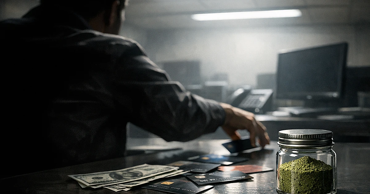 Silhouette at desk reaching for scattered credit cards and cash with jar of green powder in foreground