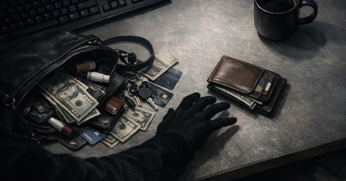 Overhead view of office desk with open purse, scattered cash and cards, and shadowy hand reaching toward wallet