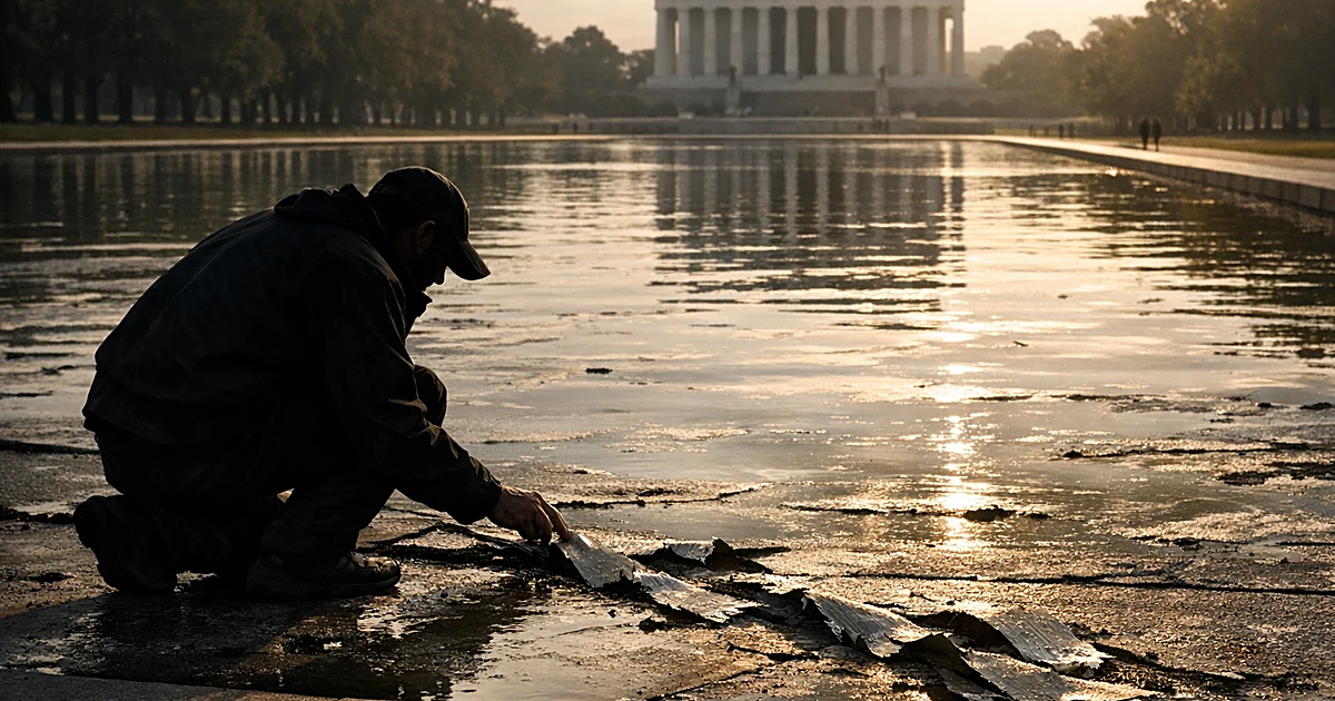 Silhouetted figure kneeling beside reflecting pool with peeling sealant material visible on damaged concrete bottom