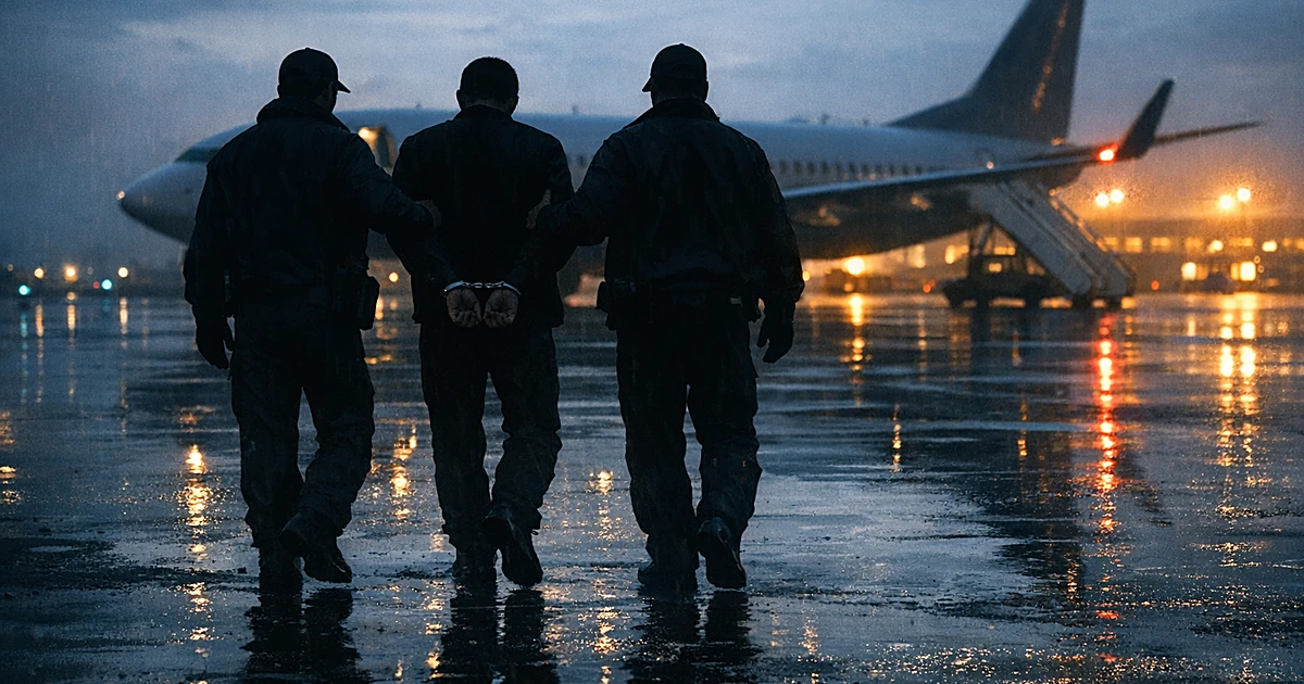 Silhouetted handcuffed figure escorted by officers across airport tarmac toward aircraft at dusk