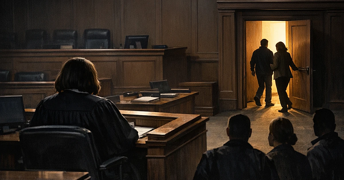 Courtroom scene with robed figure at bench and silhouettes exiting through side door while others wait at main entrance