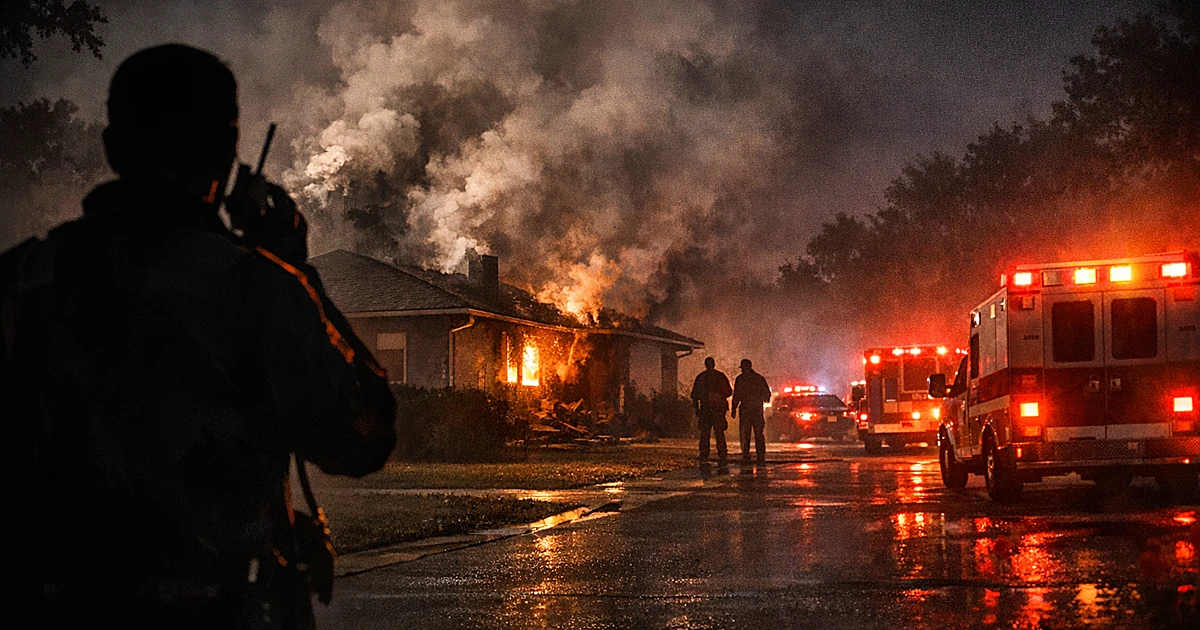 Emergency vehicles with flashing lights illuminate a smoking house at night as first responder silhouette stands nearby