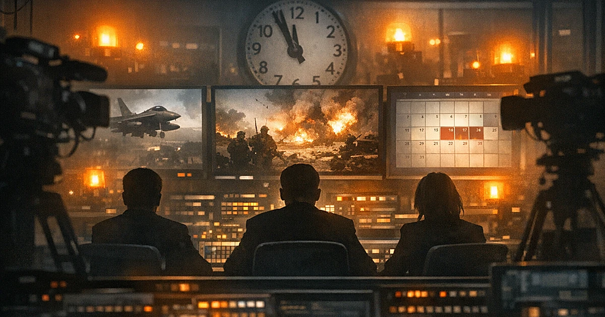 Silhouettes in TV studio control room with monitors showing military scenes and calendar, urgent lighting atmosphere