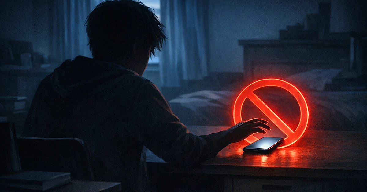 Silhouette of teen reaching for smartphone encircled by red prohibition symbol in dimly lit room