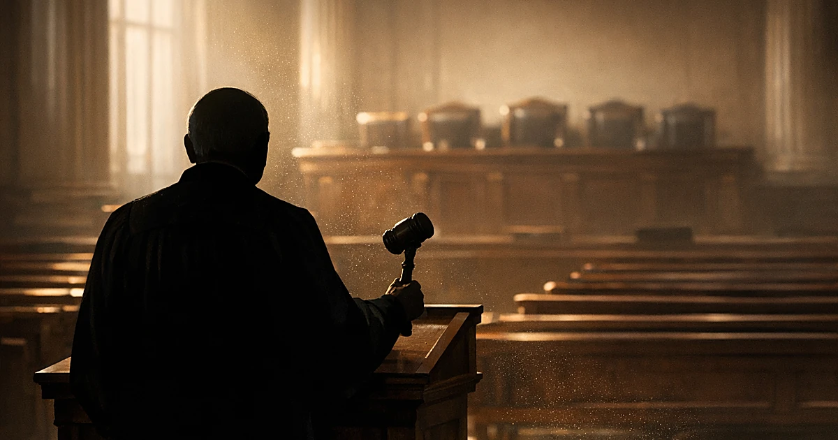 Silhouetted court crier at podium with gavel facing empty courtroom benches in dramatic lighting