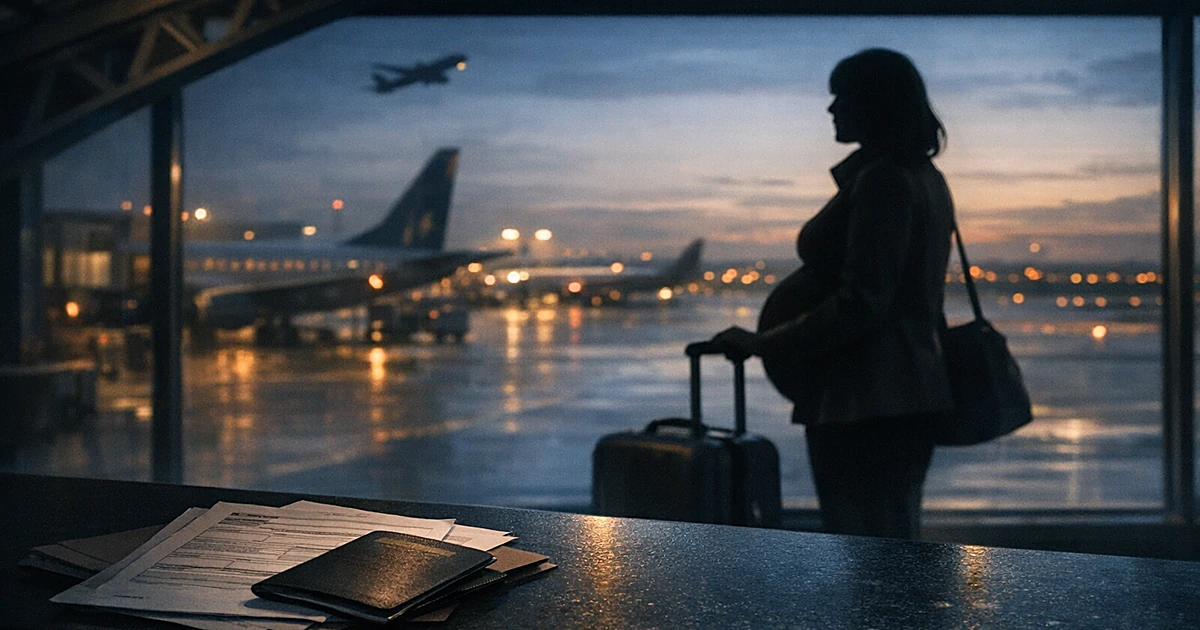 Silhouetted pregnant traveler at airport terminal with documents on counter, viewed from behind at dusk