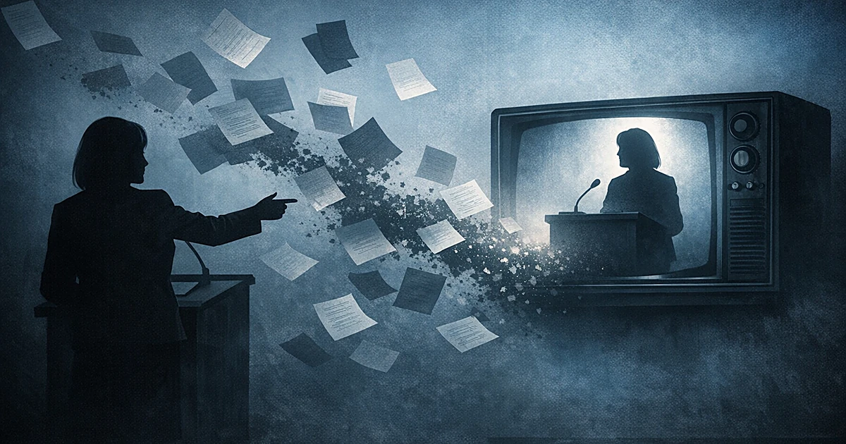 Silhouetted figures at podium and on TV screen with floating documents between them representing political confrontation