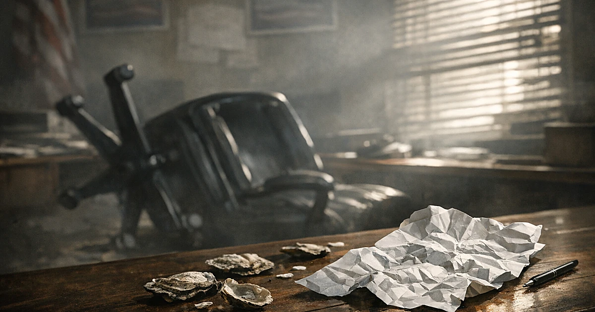 Crumpled letter on desk with overturned chair and oyster shells in abandoned campaign office with dramatic lighting