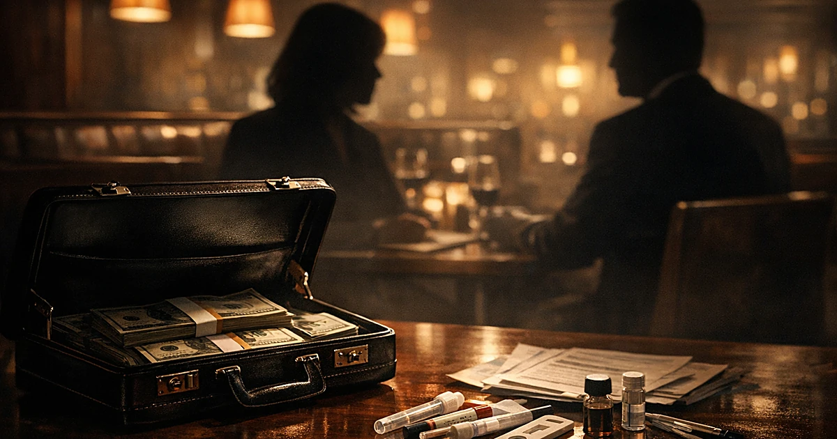 Silhouetted figures at restaurant table with open briefcase of cash and medical supplies in dim lighting