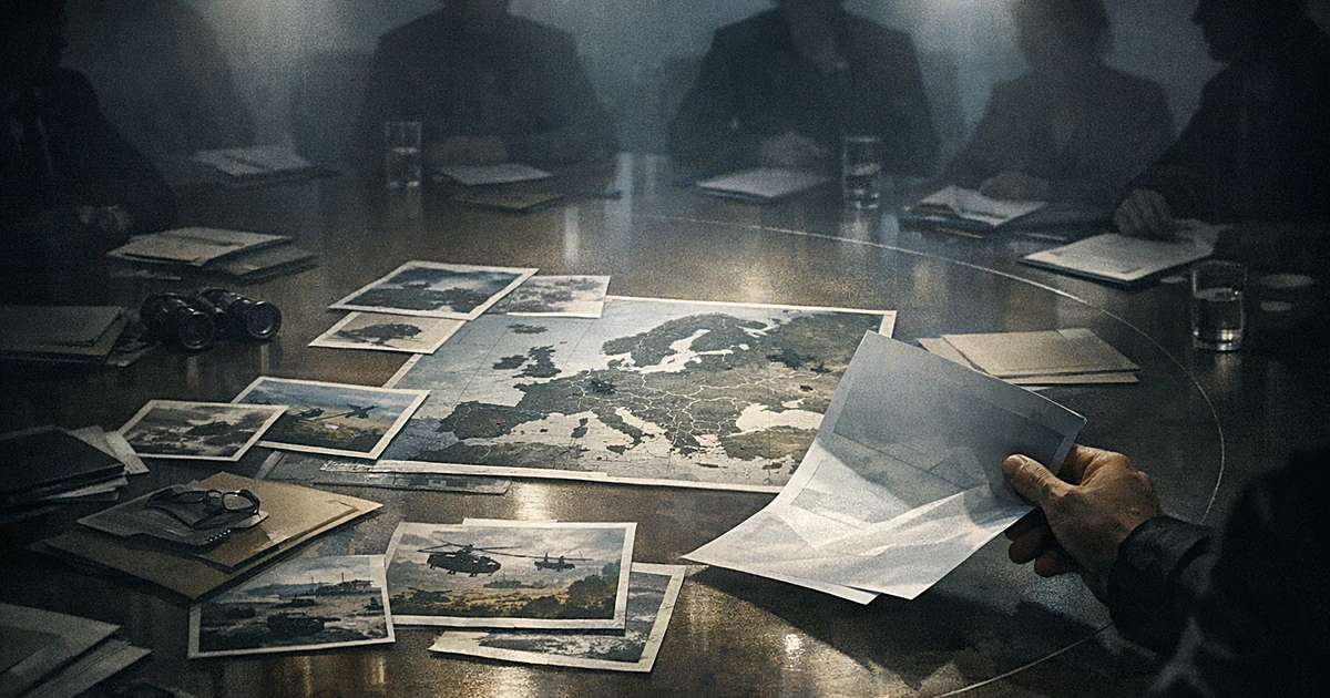 Overhead view of conference table with military documents and European maps, one document being removed from the surface