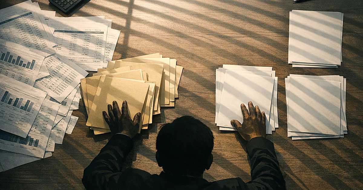 Overhead view of hands redistributing government documents and grant paperwork across a conference table
