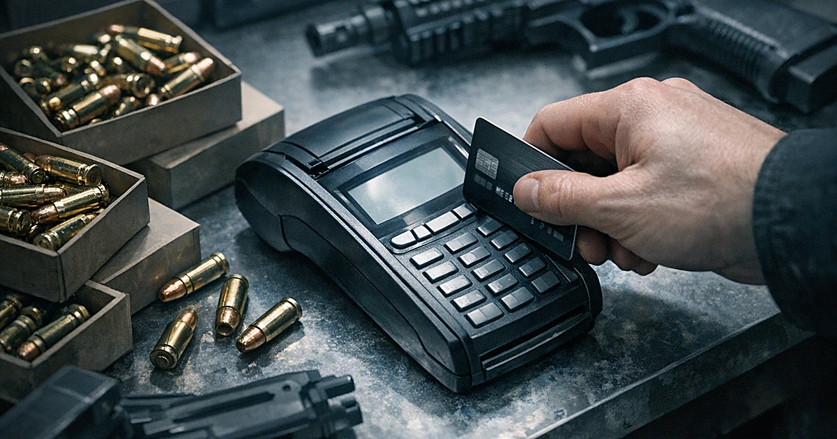Credit card transaction at gun store counter with ammunition boxes and payment terminal in overhead view