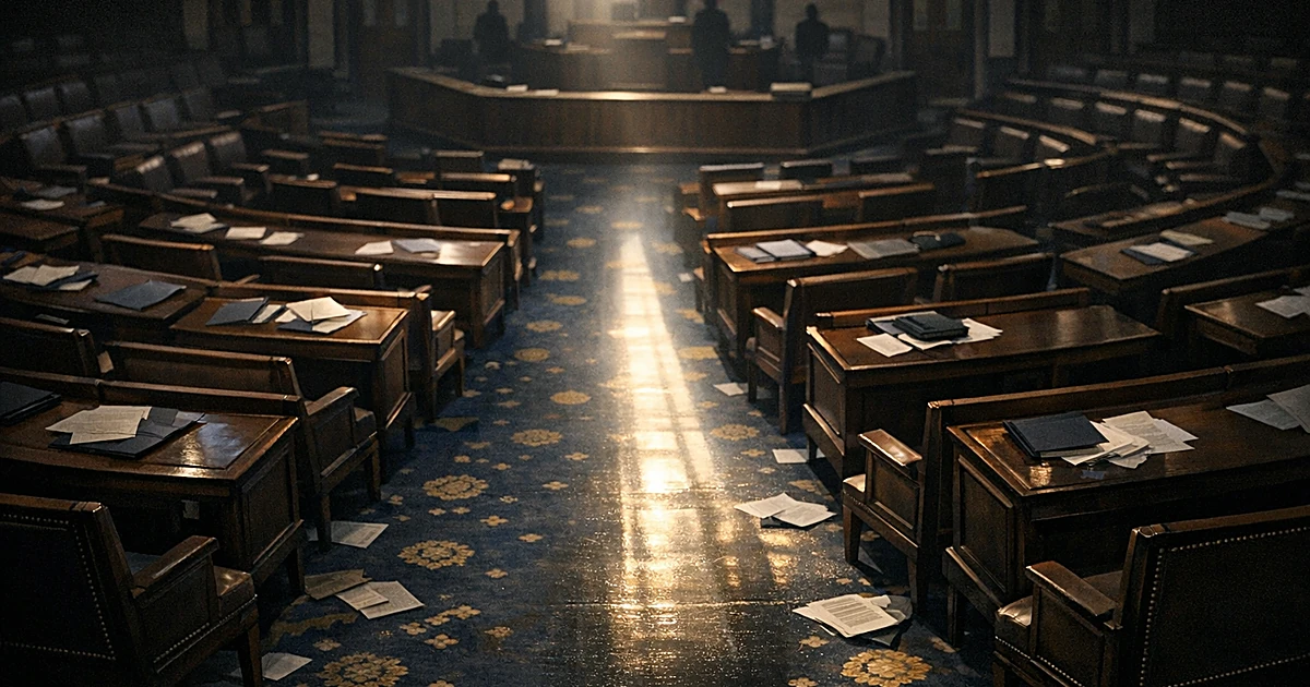 Empty legislative chamber with rows of desks and chairs, single beam of light illuminating the center aisle
