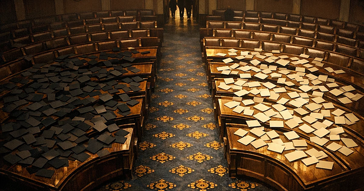 Overhead view of legislative chamber with voting cards divided 235 to 189, showing lopsided vote result