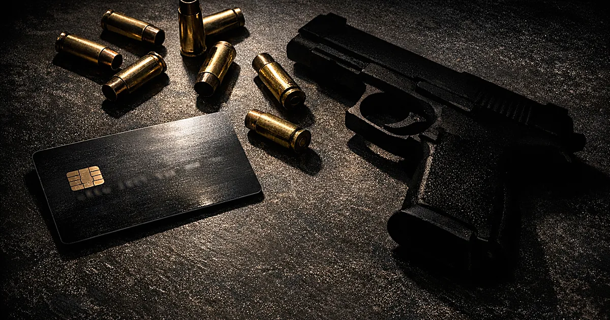 Credit card positioned next to ammunition and firearm silhouette with dramatic lighting suggesting financial tracking