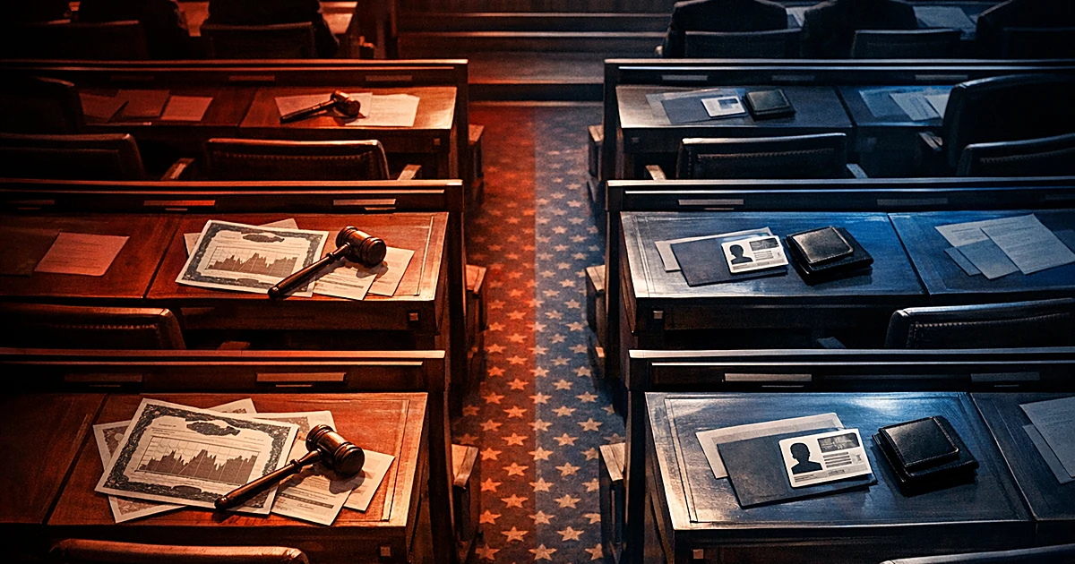 Split-lit congressional chamber with stock certificates and ID cards on divided desks showing partisan division