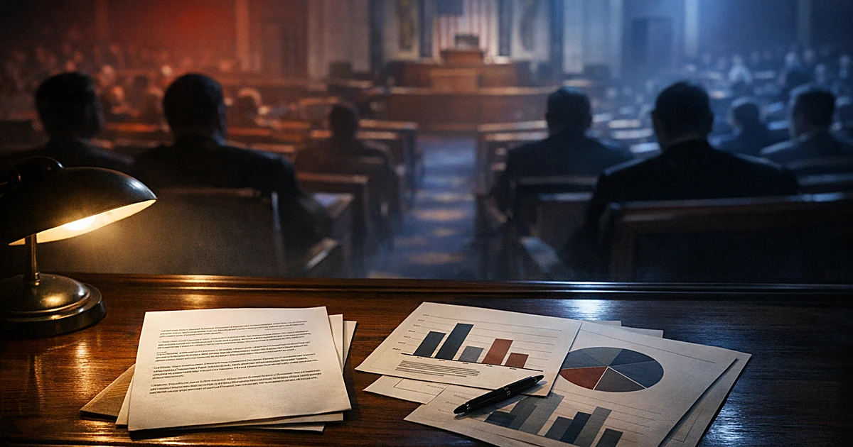 Silhouettes in congressional chamber with strategy memo and polling data on desk in foreground under dramatic lighting