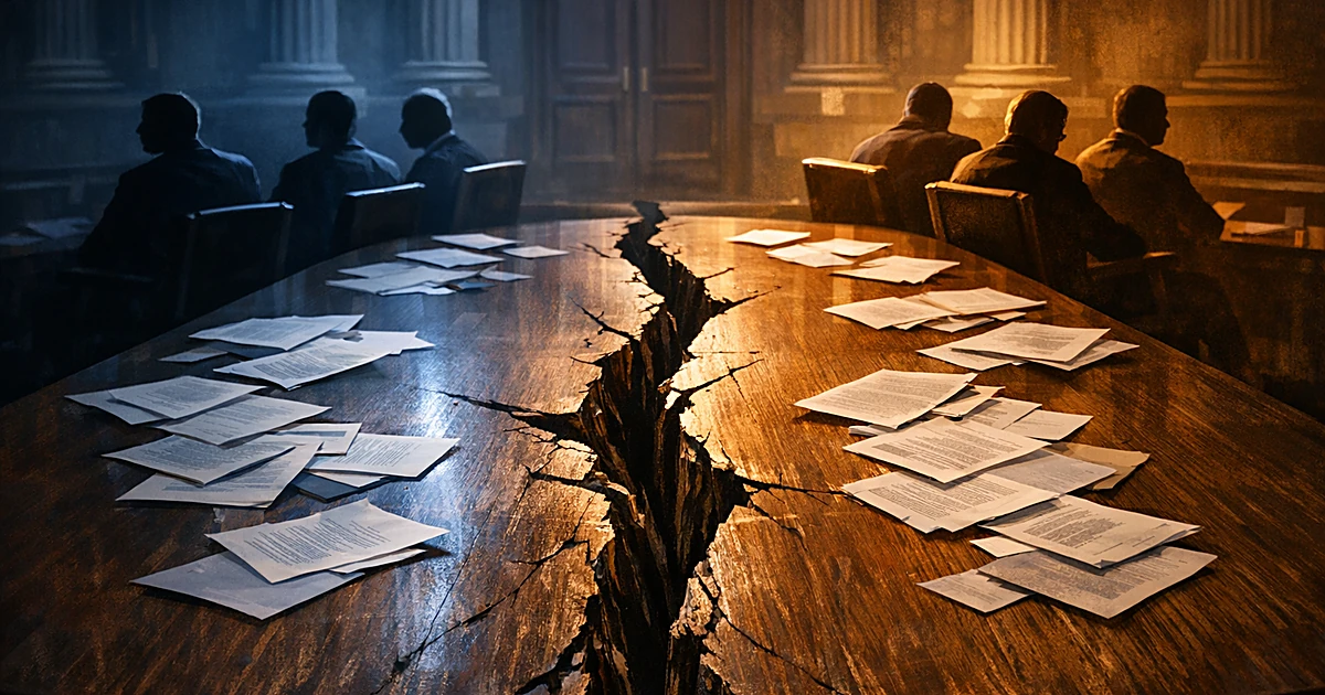 A cracked table splits down the middle with silhouetted figures seated on opposite sides in a columned chamber