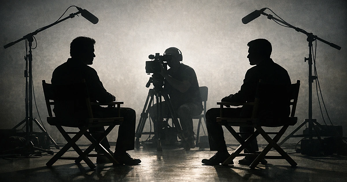 Two silhouetted figures in chairs face each other across from a camera operator in an interview studio setting