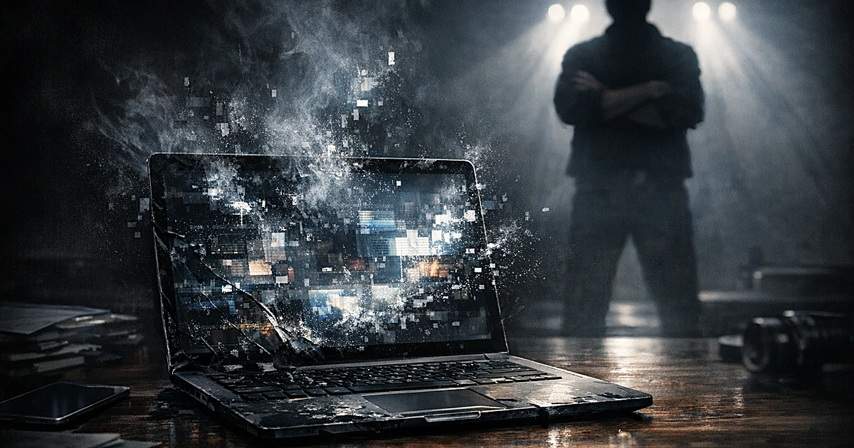 Damaged laptop on desk with glowing screen and data streams, silhouetted figure standing defensively behind it