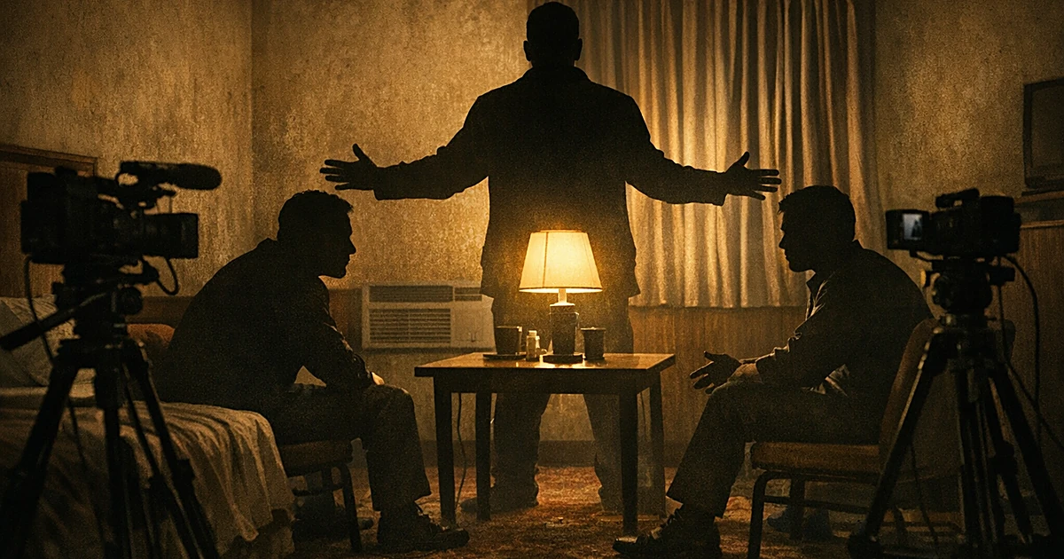 Silhouettes of three people in tense motel room interview setup with one person mediating between two seated figures