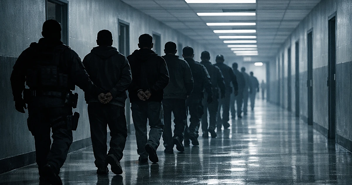 Silhouetted figures in single file walking through institutional corridor with fluorescent lighting overhead