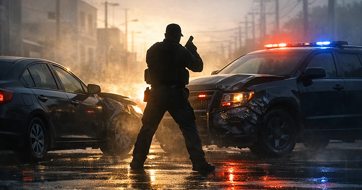 Two vehicles positioned after collision on urban street with silhouetted figure between them in morning light