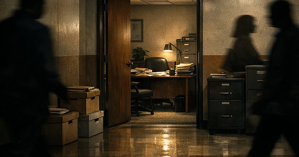 Office space inside community center hallway with silhouetted figures walking past, papers on desk, institutional setting
