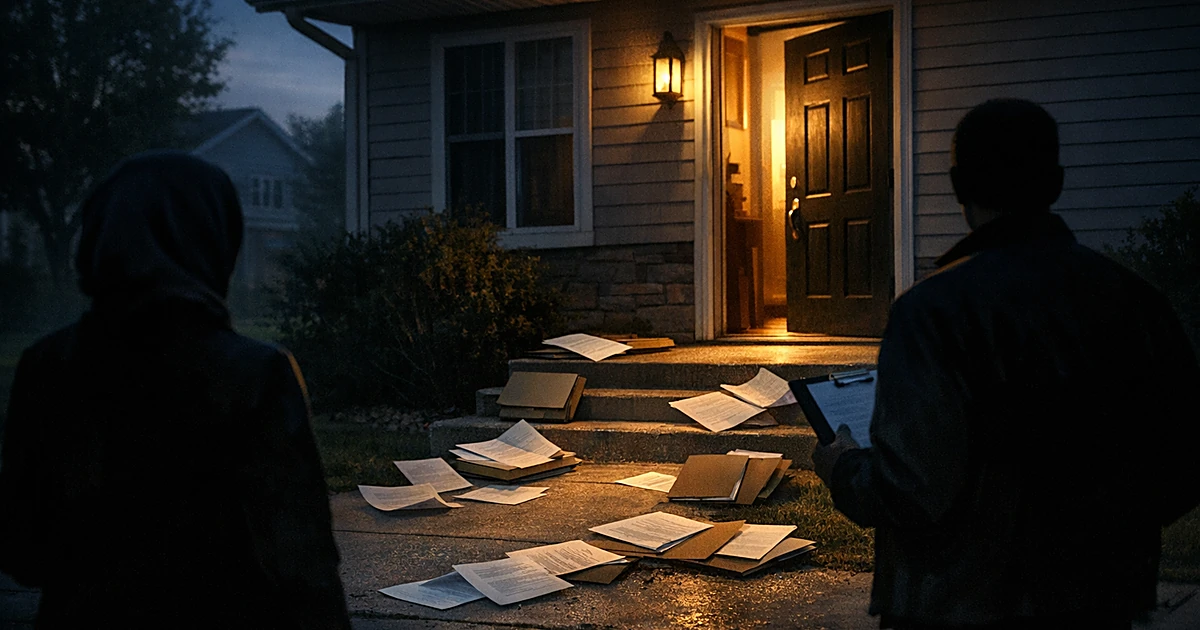 Silhouetted figures viewing a suburban home with business documents scattered on its front steps at dusk