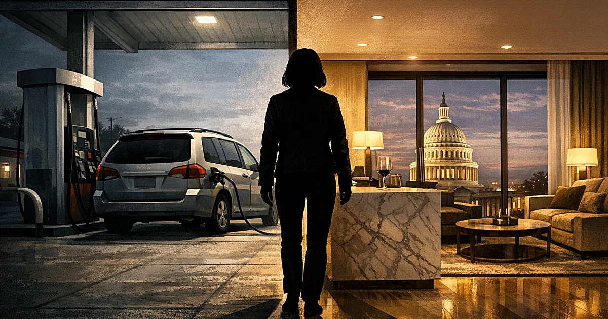 Split scene contrasting gas station with minivan and luxury apartment overlooking Capitol, connected by single silhouette