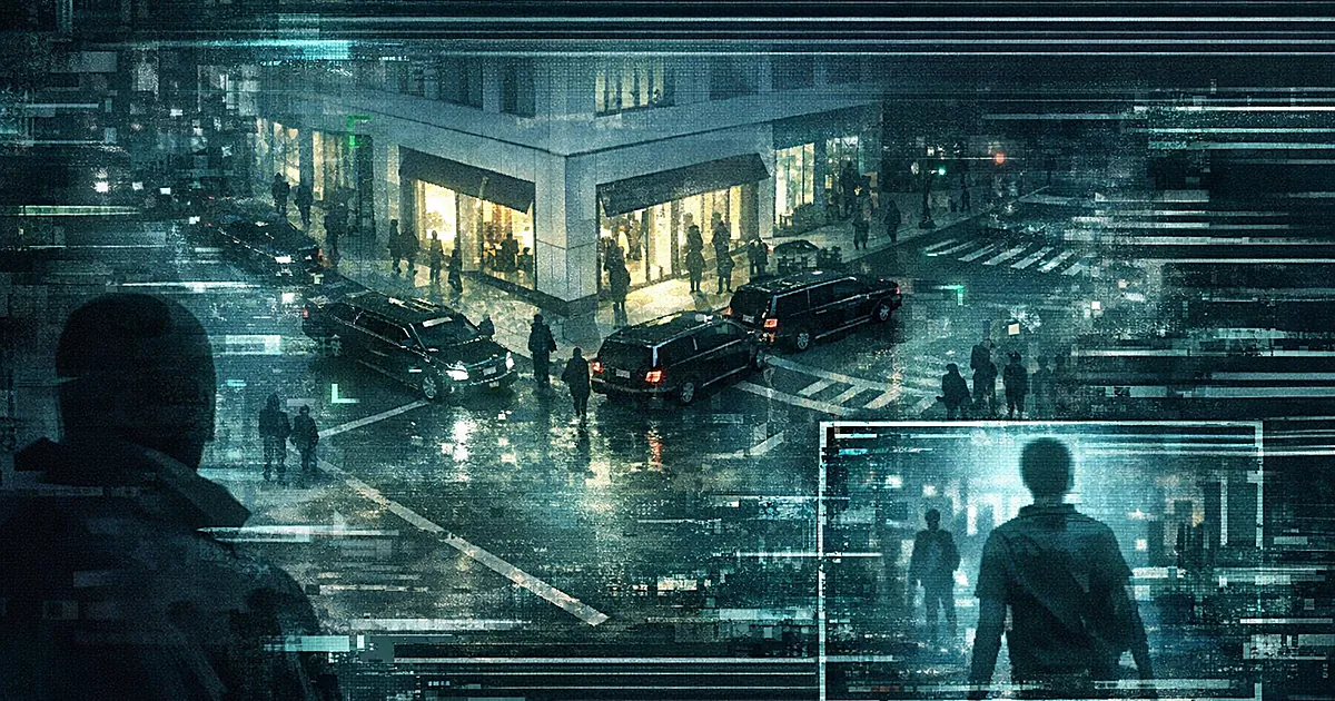 Glitching digital screen showing distorted surveillance footage with AI processing artifacts in cold blue light