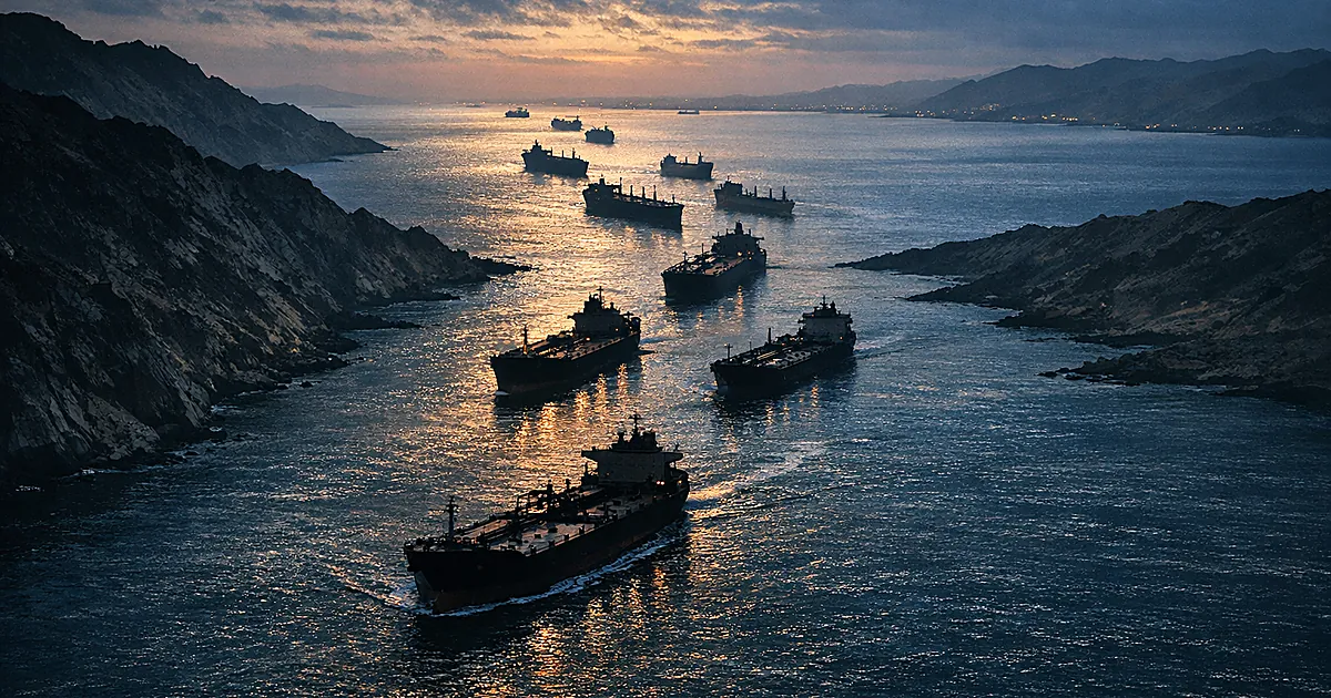 Aerial view of cargo ships navigating through the narrow Strait of Hormuz waterway at dusk