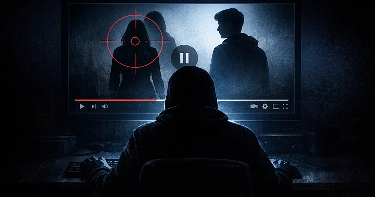 Silhouetted figure at computer in dark room viewing threatening video content on illuminated screen