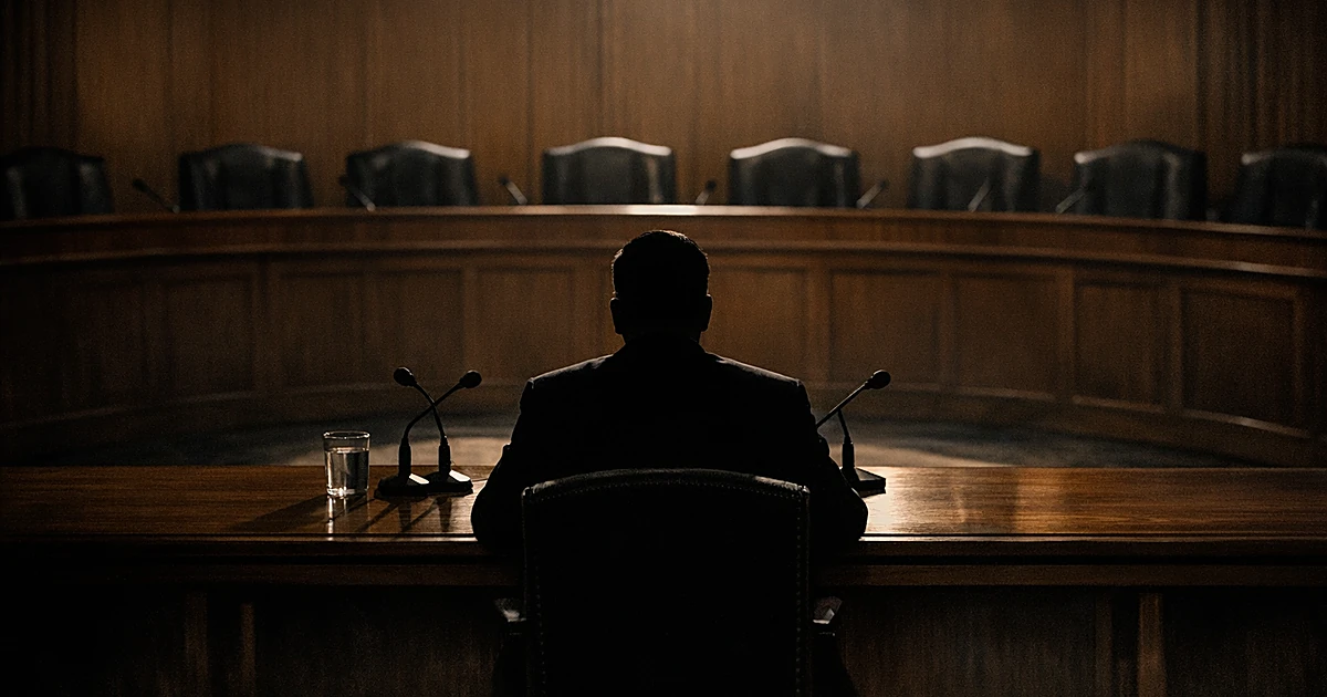 Silhouette of person at witness table facing semicircle of empty chairs in dimly lit hearing room