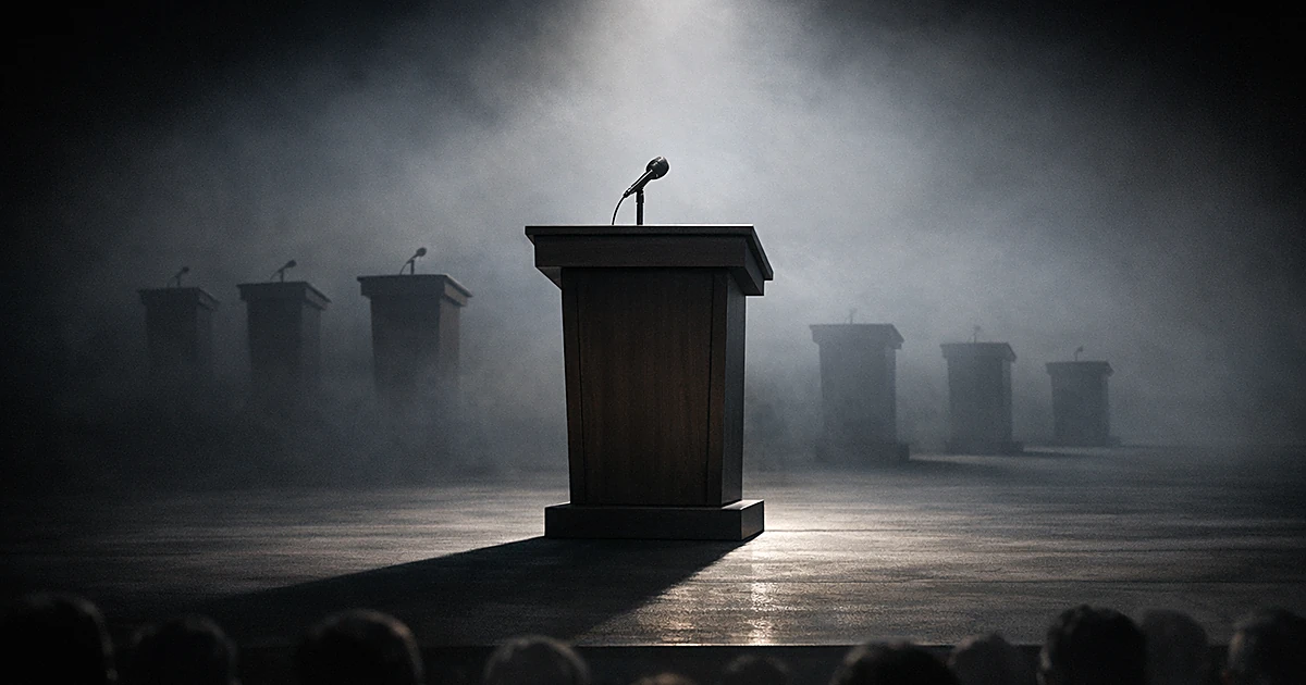 One illuminated podium in spotlight with five smaller podiums receding into shadow behind it on an empty stage
