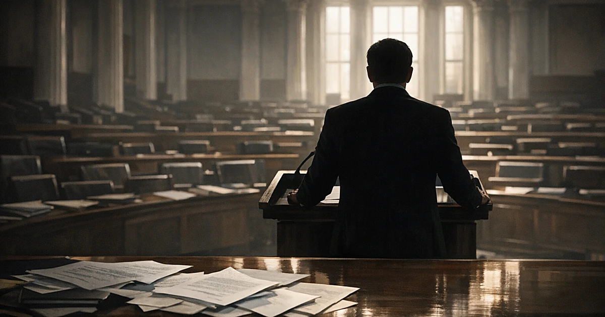 Silhouetted figure at podium in legislative chamber with empty desks and dramatic window lighting