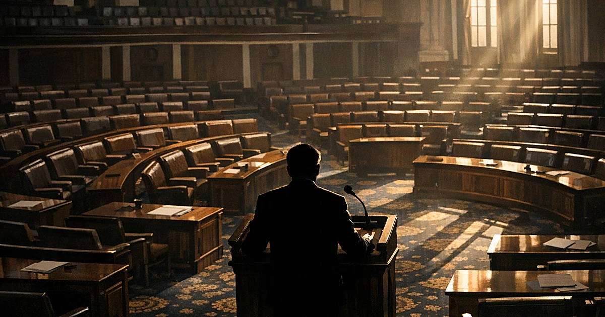 Empty legislative chamber with silhouetted figure at podium facing vacant rows of desks in dramatic lighting