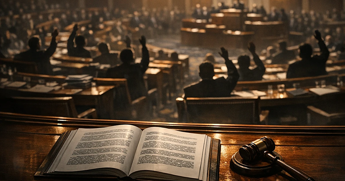 Overhead view of legislative chamber during vote with silhouetted figures at desks and gavel on open document
