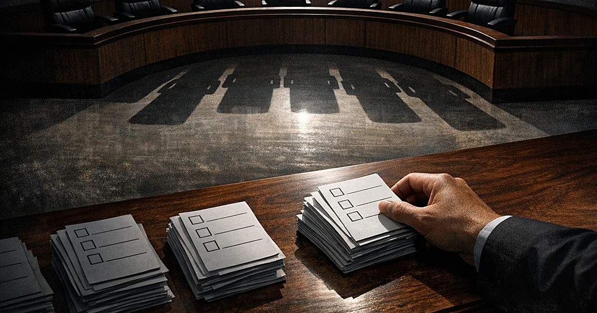 Overhead view of empty council chamber seats with hand placing numbered ranked-choice voting ballots on table